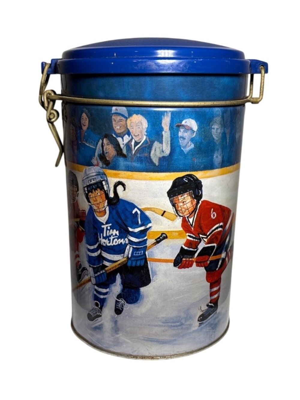 Tim Hortons Hockey Themed Tin Winning Goal Blue Lid & Clamp Closure 7" Tall